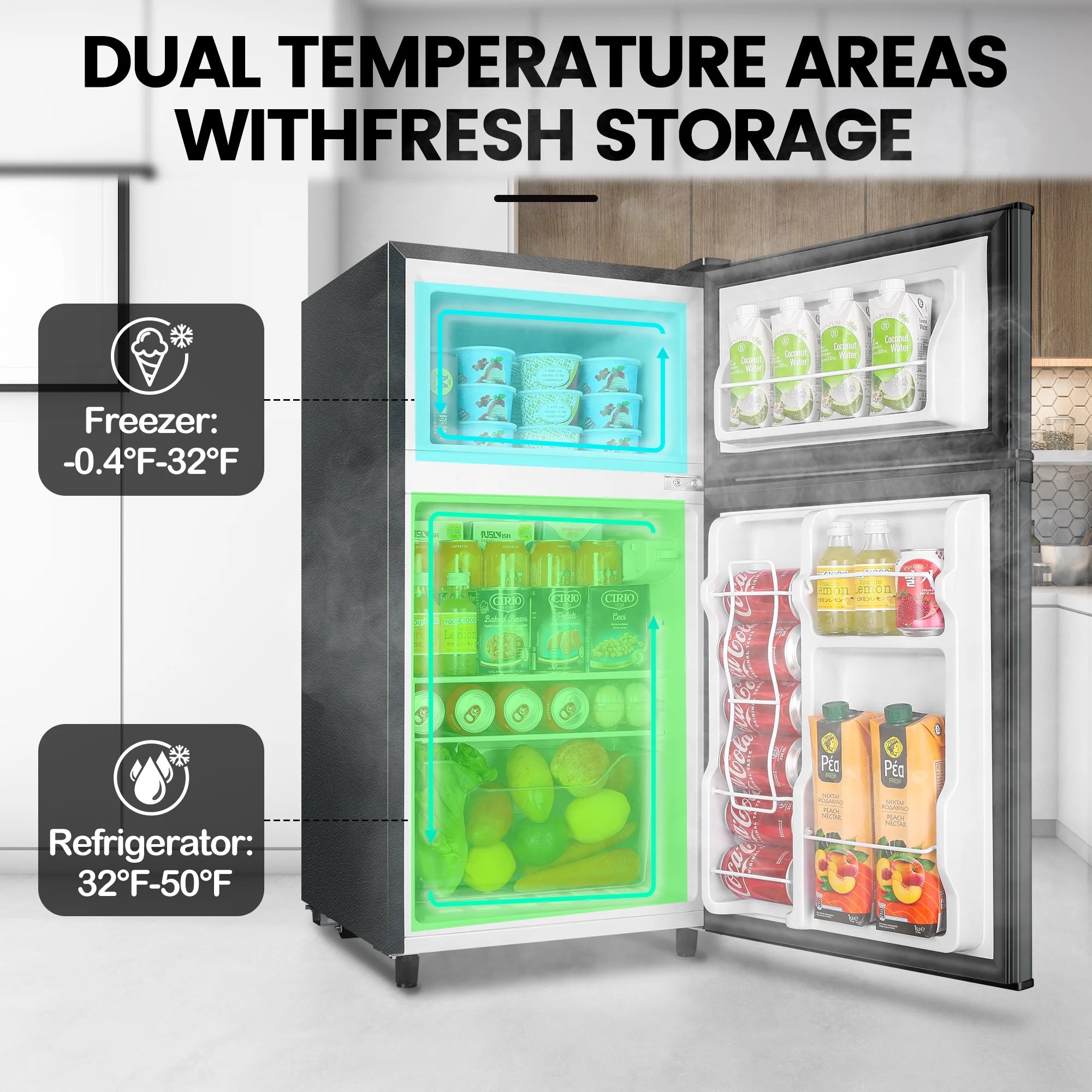 WANAI 2 Door Mini Fridge 3.5Cu.ft with Freezer,Apartment Size Refrigerator,Dark Grey,New