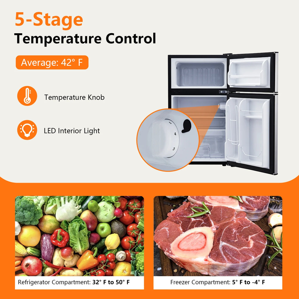 GoFashion 3.2 Cu. Ft Mini Fridge with Freezer, Small Refrigerators Double Door Stainless Steel, 5 Thermostat, Compact Internal Freezer with Crisper Drawer 90L