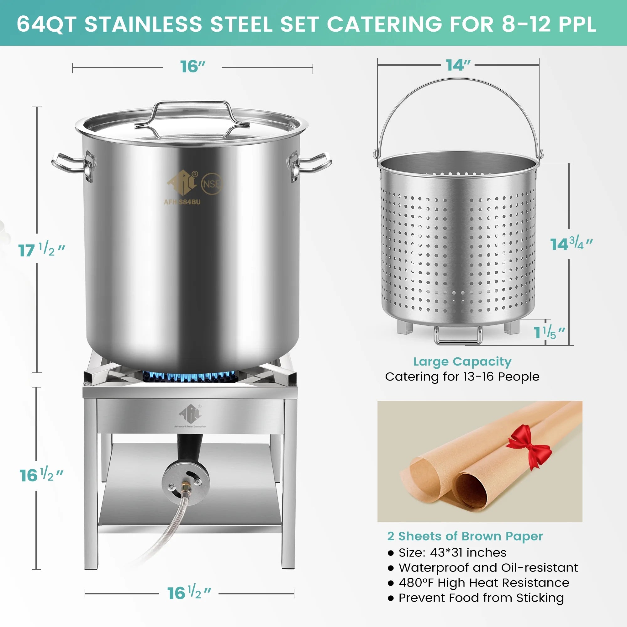64QT Stainless Steel Seafood Boil Pot with 200,000BTU Propane Burner, w/Basket for Outdoor Deep Fryer, Large Cooking Pot for Turkey Fryer, Crab, Crawfish, Shrimp, Lobster Boiling Stock Pot