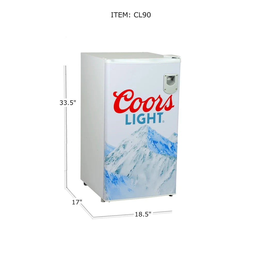 Coors Light 3.2 cu ft (90L) Compact Fridge with Bottle Opener, 95 Quart Capacity, Portable for Snacks, Beverages, Beer, Dorm, Office, or RV