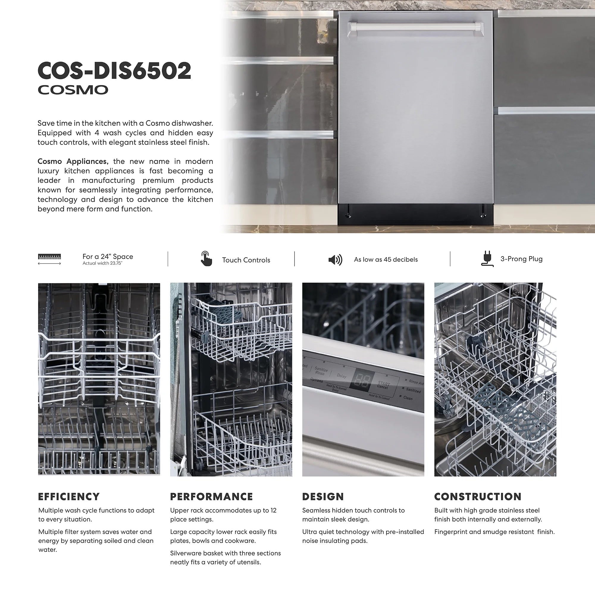 Cosmo COS-DIS6502 24 in. Top Control Built-In Tall Tub Dishwasher in Fingerprint Resistant Stainless Steel