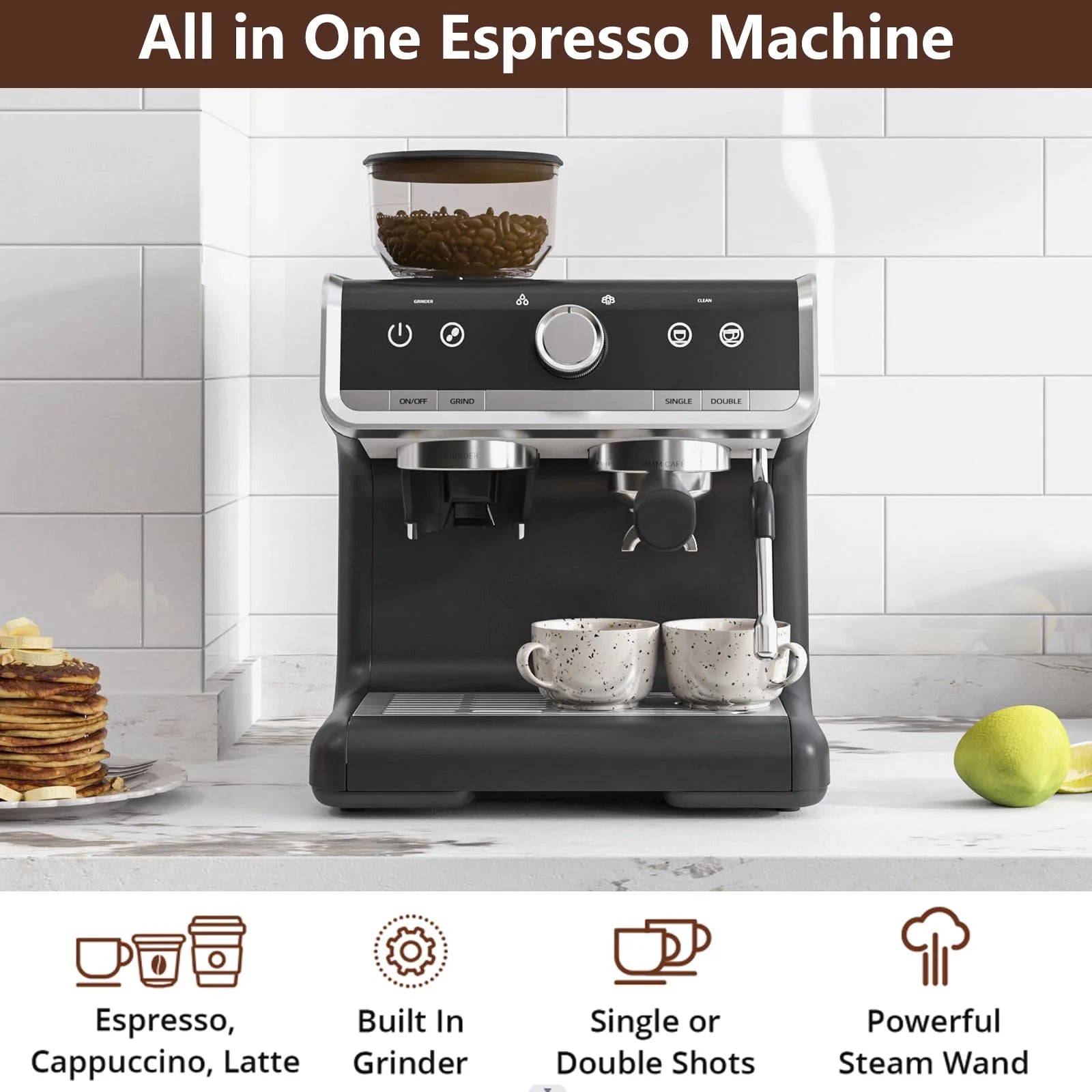 Espresso Coffee Machine with Grinder, 20 Bar Semi-Automatic Espresso Maker with Milk Frother Steamer Wand for Cappuccino, Latte, Macchiato, 2.8 L Water Tank, PID Temperature Control