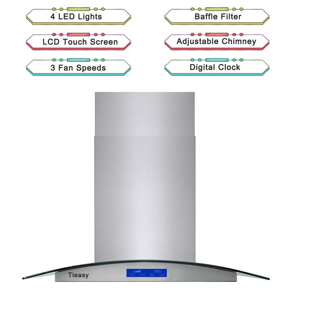 Tieasy 36 inch Island Mount Range Hood 900 CFM with Glass LCD Touch Control 4 LED Lamps