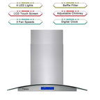 Tieasy 36 inch Island Mount Range Hood 900 CFM with Glass LCD Touch Control 4 LED Lamps
