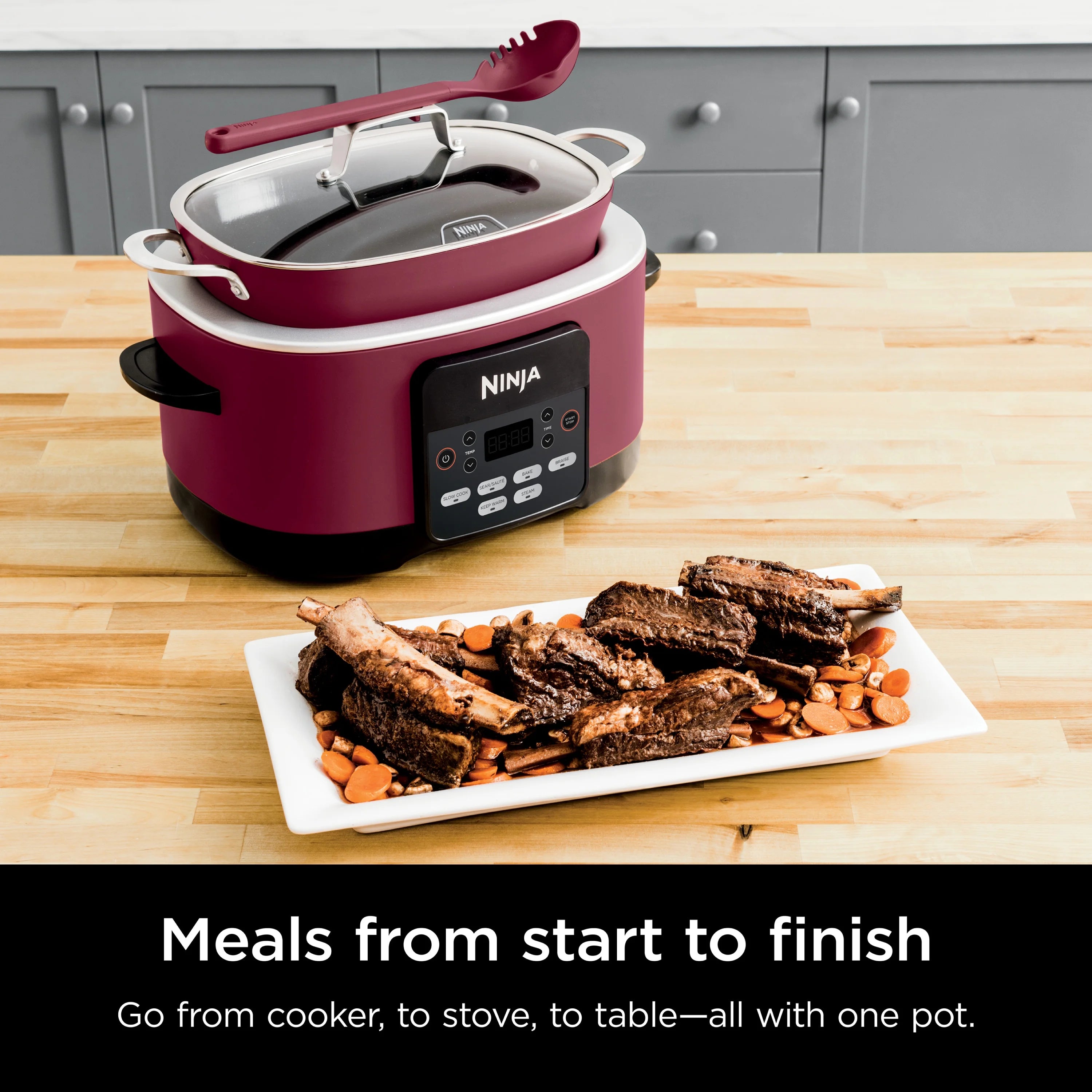 Ninja Foodi Possible Cooker, 8.5 Quart, 6-in-1 Multi-Cooker, Slow Cooker, Steamer, Glass Lid Integrated Cooking Utensil, Nonstick, Oven Safe Pot to 500°F, Cherry Tarte, MC1000WM