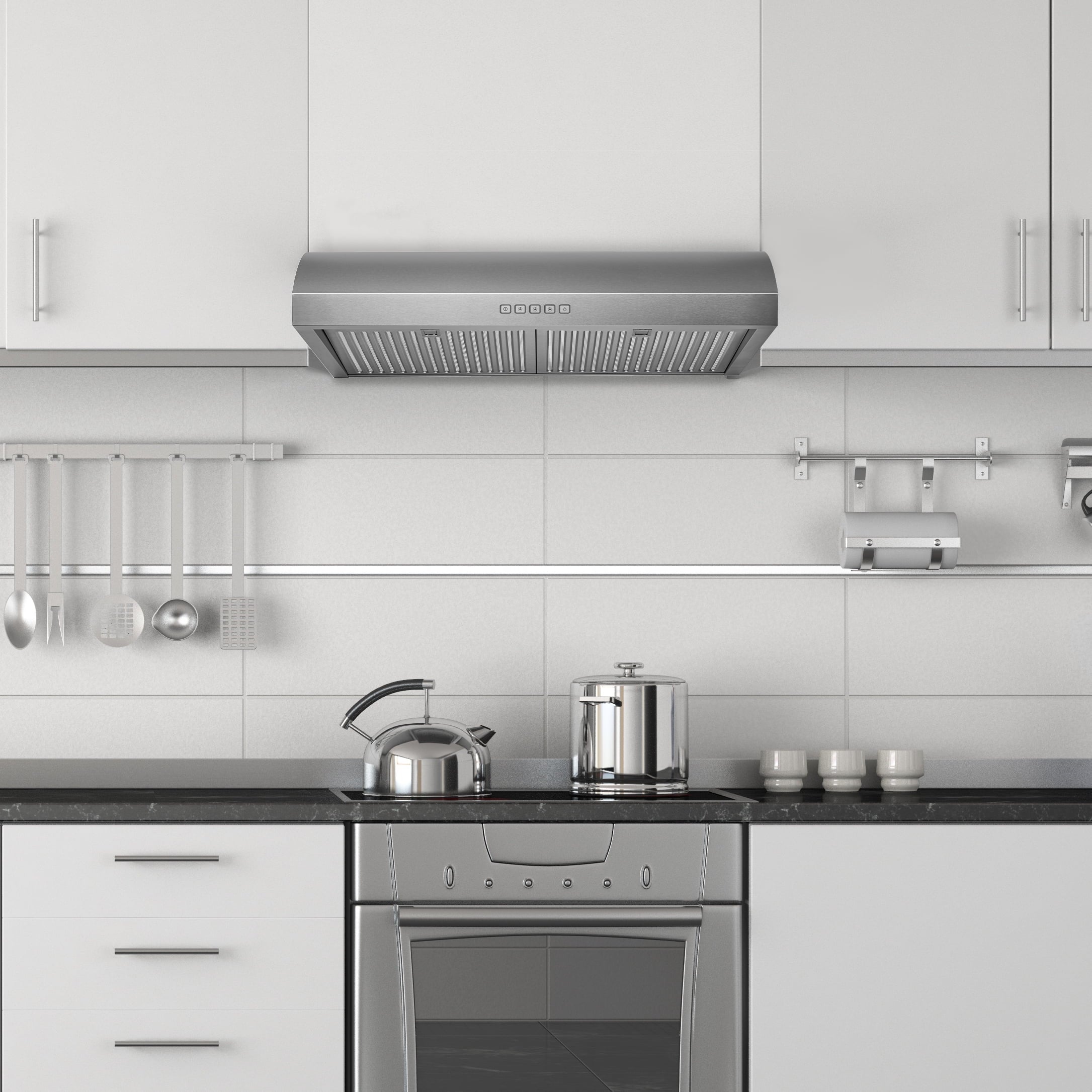 Hauslane Chef Series 30" B018 Convertible Under Cabinet Range Hood 120 Volts Minimalist 3-Way Venting 250 CFM Aluminum Filters LED Stainless Steel