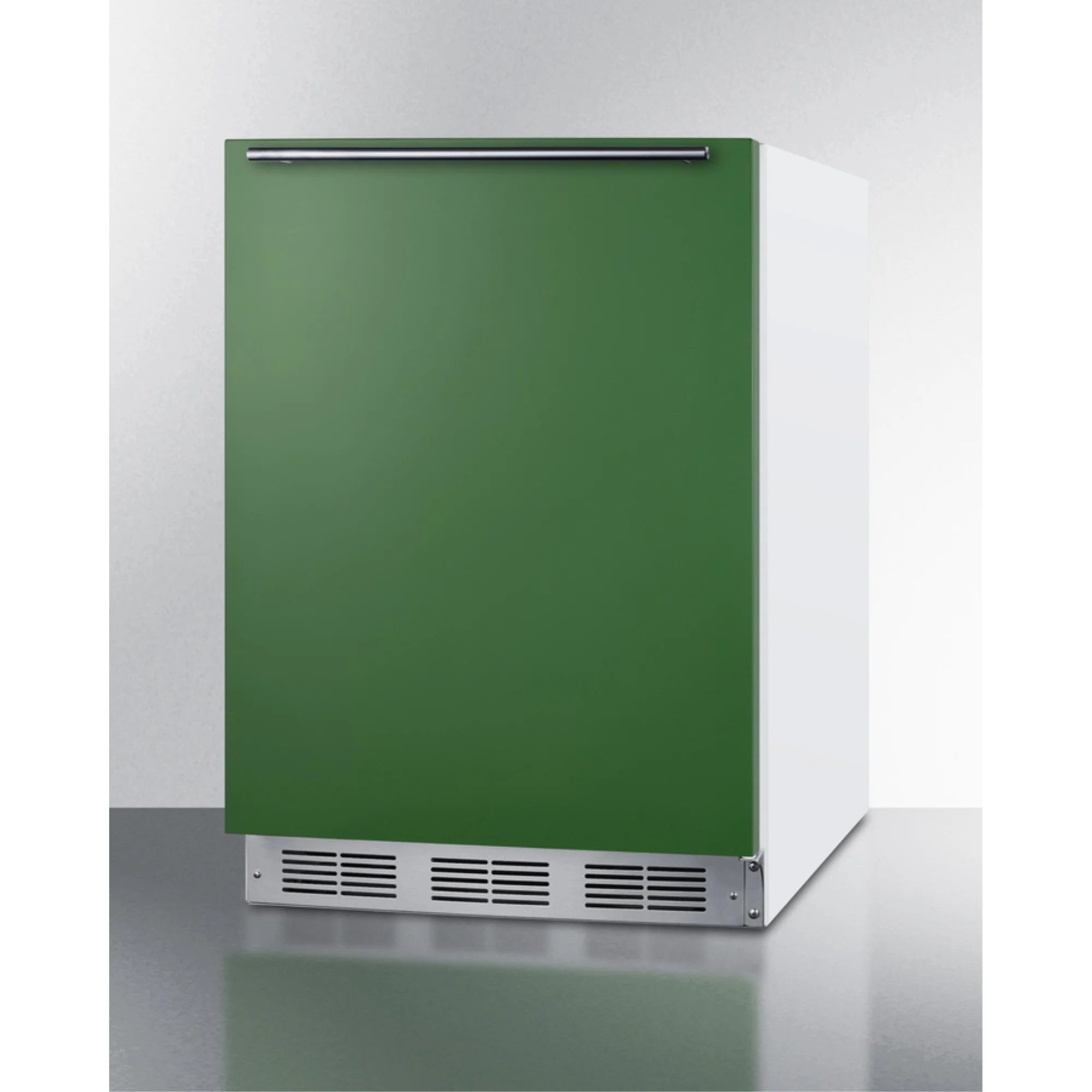 ADA height 24" refrigerator-freezer for residential use with emerald green door, stainless steel handle, and white cabinet