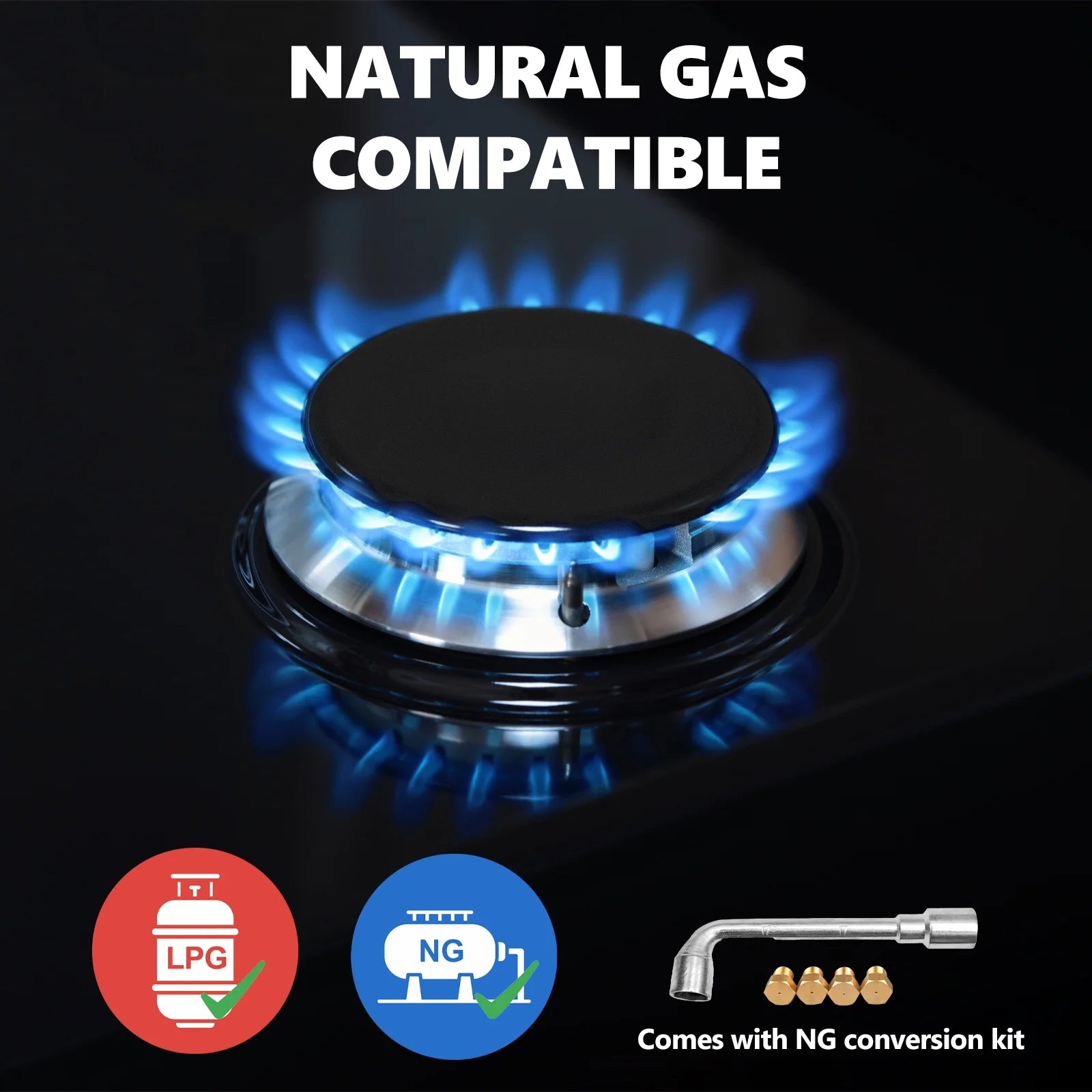 Nardea Gas Stovetop 4 Burner, Built-in/Countertop Propane Gas Cooktop, LPG/NG Dual Fuel Convertible Gas Stove Top with Thermocouple Protection, Black Tempered Glass, 27400BTU