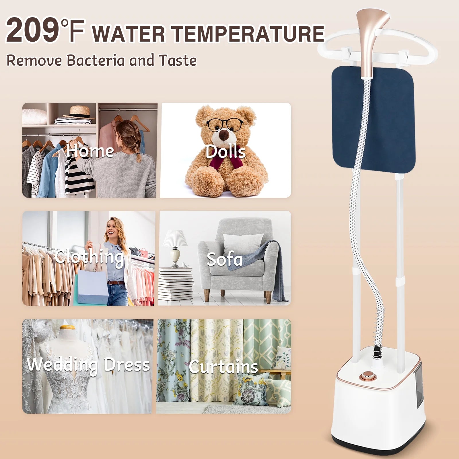 Advwin 2000W Garment Steamer for Clothes Standing, 10 Steam Levels, 2.7L Water Tank, Commercial and Household Use (Gold)