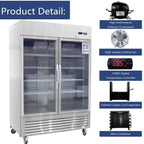 54"W Commercial Refrigerator 2 Glass Door Stainless Steel Interior and Exterior Construction Display Refrigerator 42.2 Cu.ft. Reach-in Merchandising Refrigerator Upright Fan Cooling Merchandiser