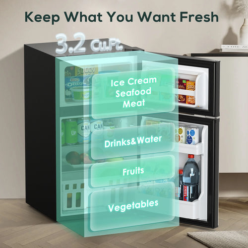 Auseo 3.1 Cu.Ft Mini Fridge 2 Door, Small Fridge 115 Volt/60 Hz, Low Noise Mini Refrigerator with Adjustable Temperature, Removable Shelves, Suitable for Home/Kitchen/Office/Dorm/Apt-Black