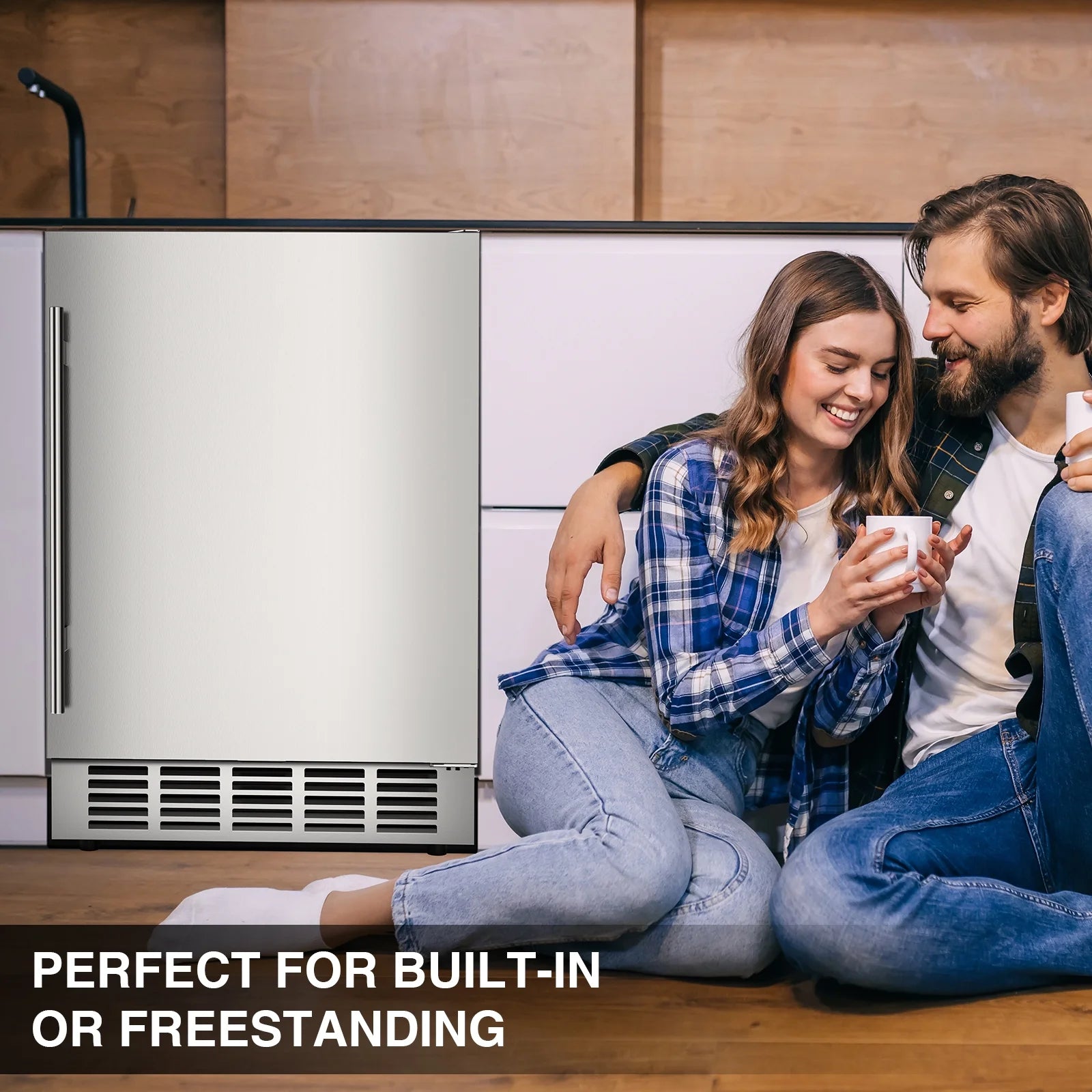 QAUSOU 24 Inch Under Counter Double Drawer Fridge, Weather Proof Stainless Steel Outdoor Beverage Refrigerator for Patio