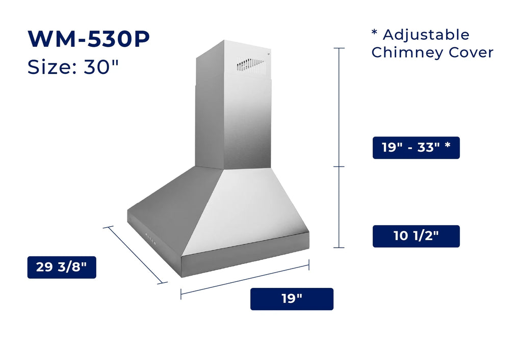 Hauslane Chef Series Pro Model WM-530 30" Convertible  Wall Mount Chimney Range Hood 120V in Matte Black
