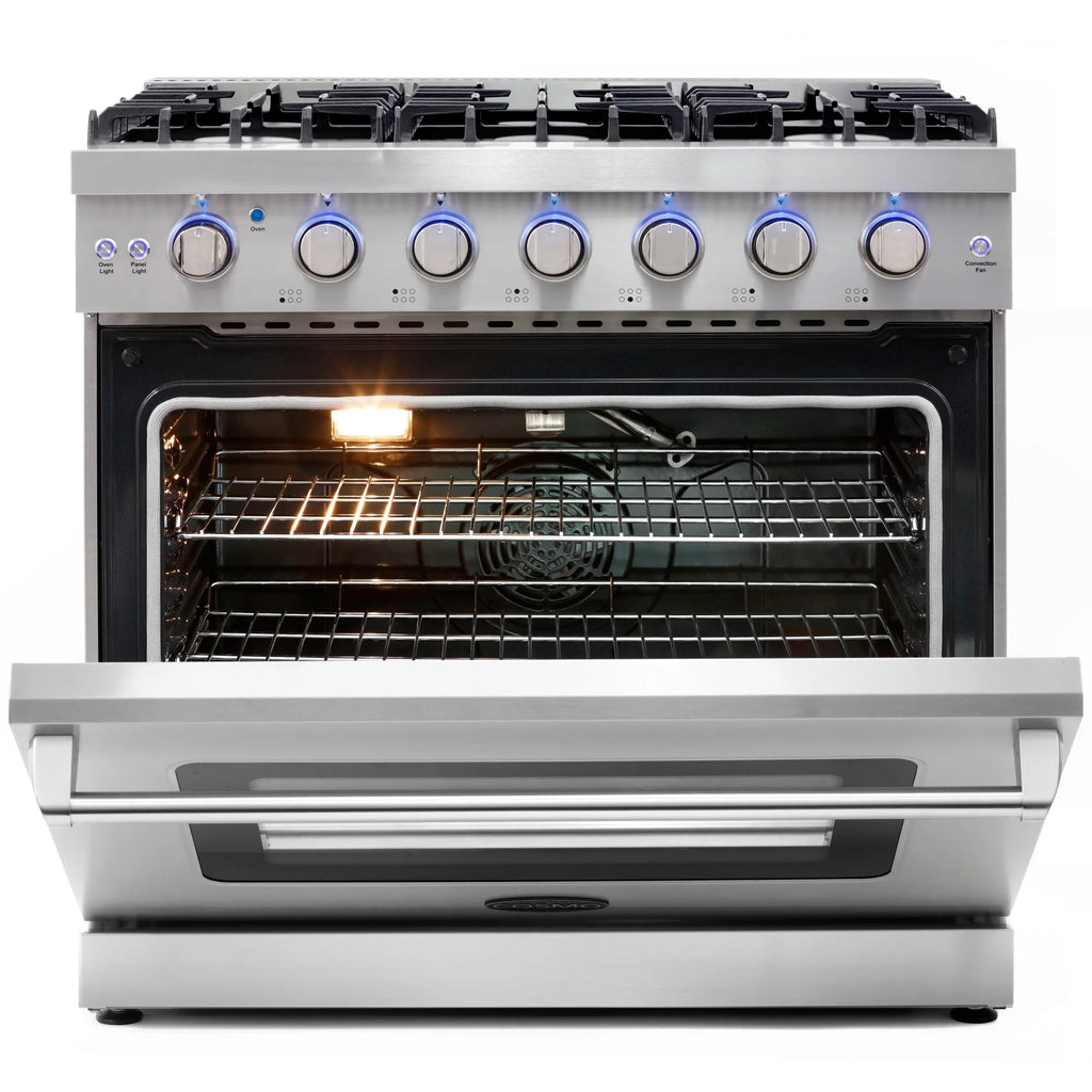 Cosmo 3 Piece Kitchen Appliance Packages with 36" Freestanding Gas Range Kitchen Stove 24" Built-in Fully Integrated Dishwasher & 48 Bottle Freestanding Wine Refrigerator Kitchen Appliance Bundles