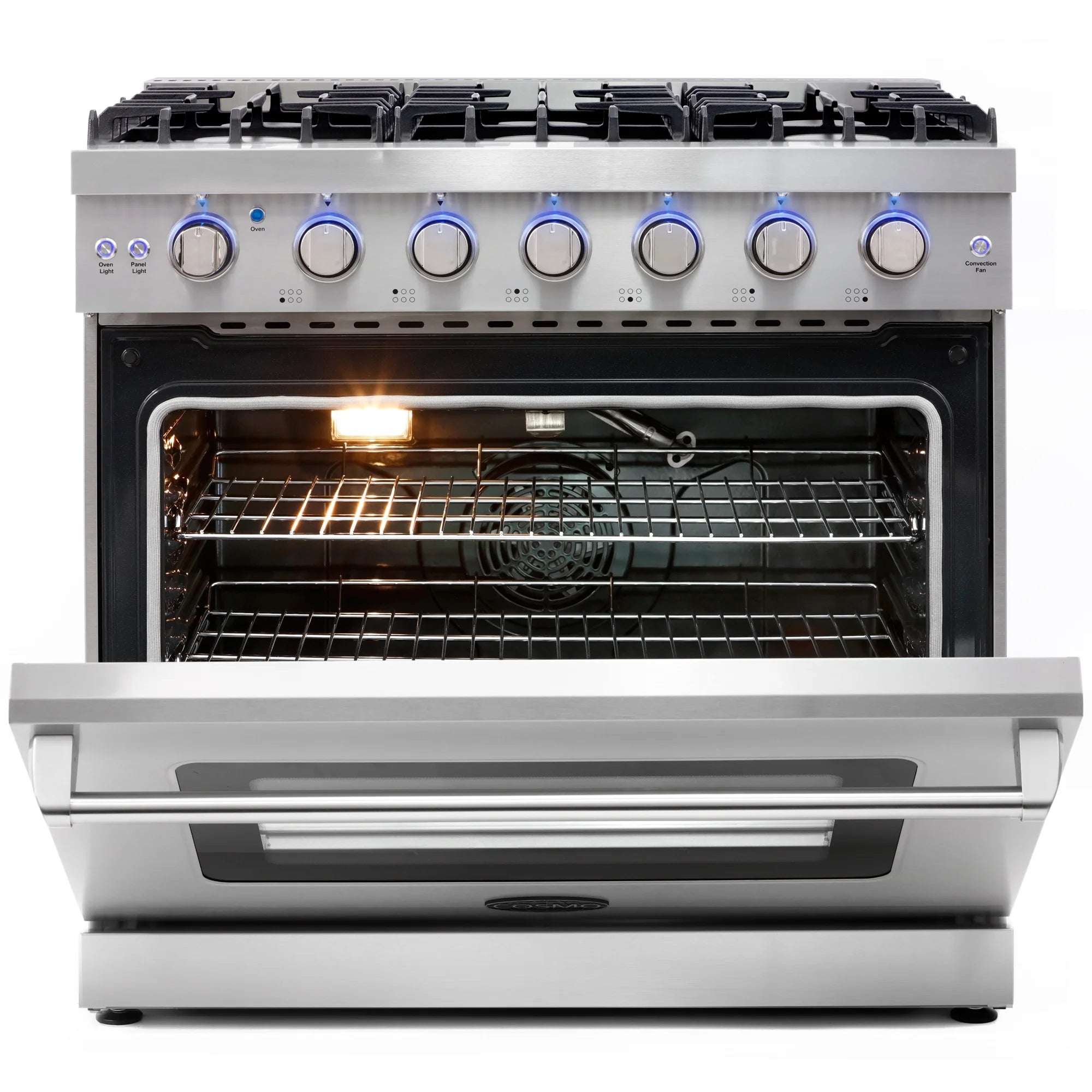 Cosmo 3 Piece Kitchen Appliance Packages with 36" Freestanding Gas Range Kitchen Stove 24" Built-in Fully Integrated Dishwasher & 48 Bottle Freestanding Wine Refrigerator Kitchen Appliance Bundles