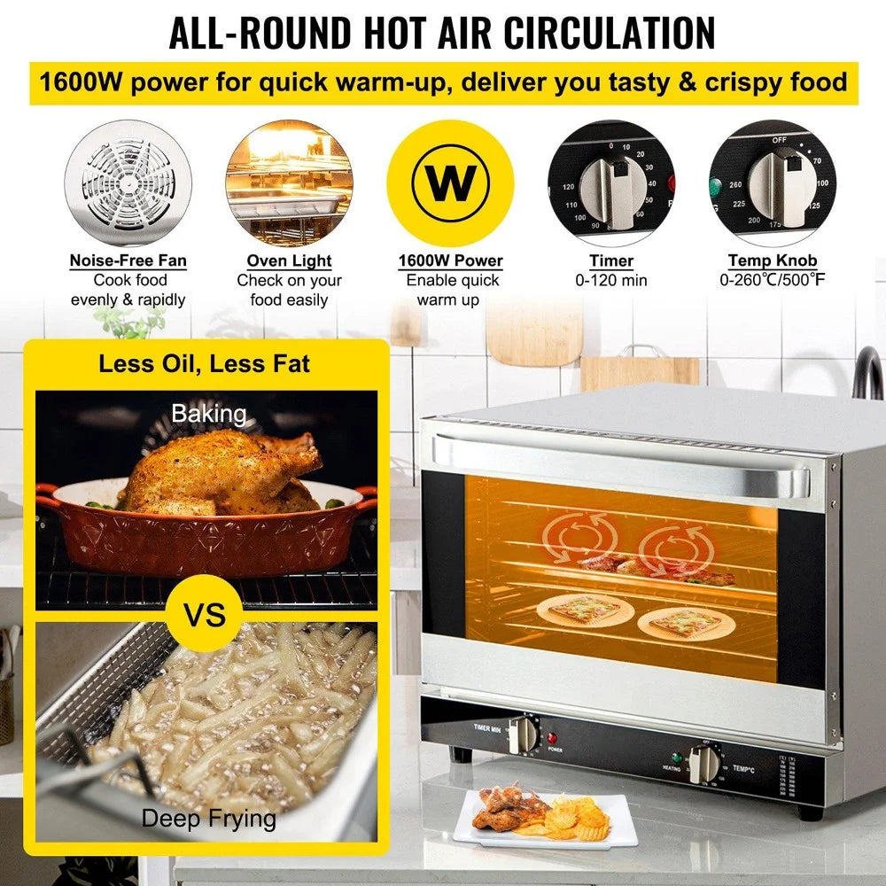 Choco Moon ETL 1600W Compact Convection Oven 47L/43Qt Countertop Half-Size 4-Tier Toaster Glass Door Electric Baking Trays Racks Gloves Inc 120V Commercial Use