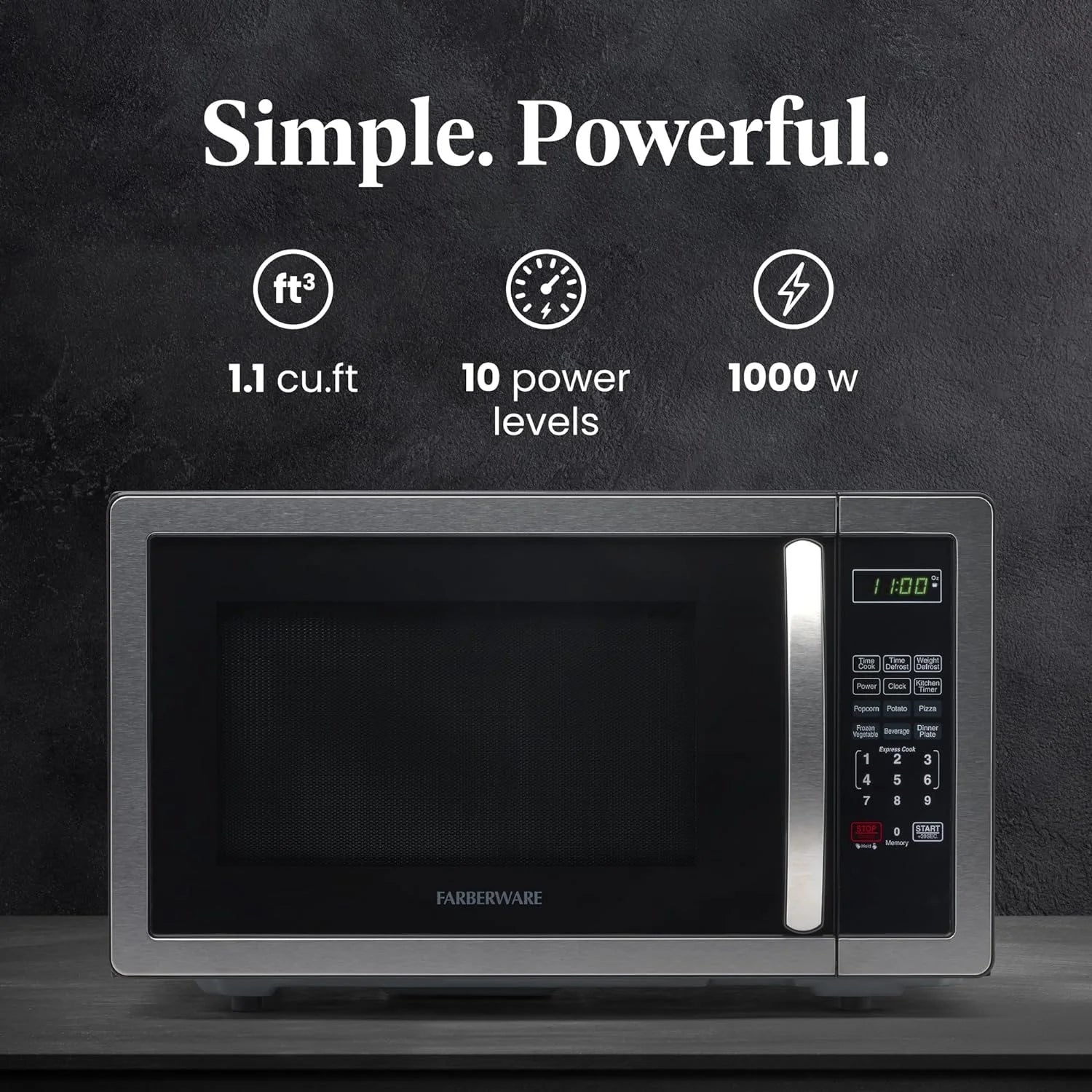 Farberware Stainless Steel Countertop Microwave Oven with Child Lock, 1.1 Cu Ft Black Stainless