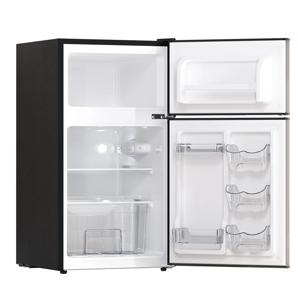 Frestec 3.2 Cu ft Two Door Mini Fridge with Freezer, Stainless Steel, E-Star