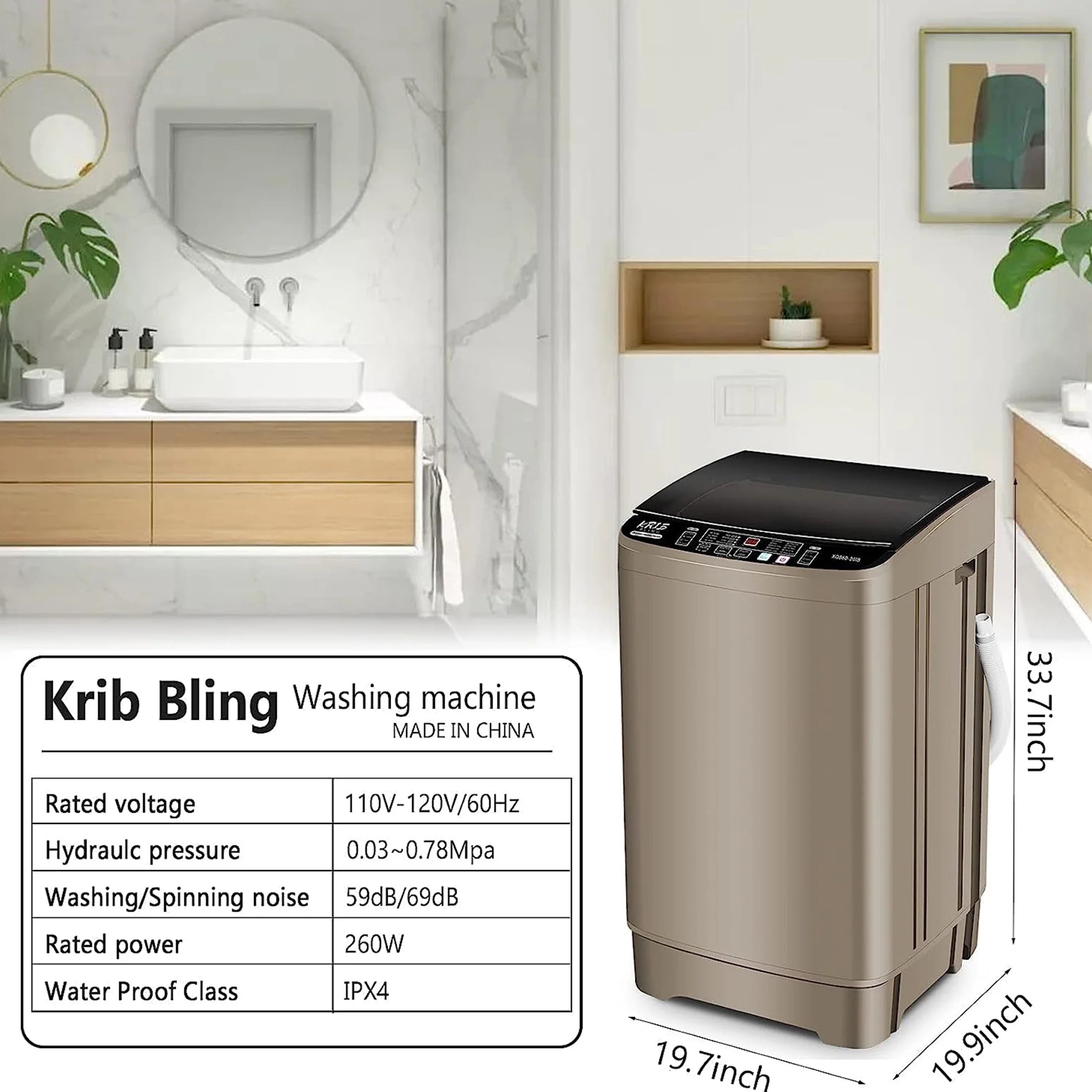 Full-Automatic Washing Machine, Portable Laundry Washer, Compact 17.7 lbs, LED Display, Drain Pump, 10 Wash Programs 8 Water Levels