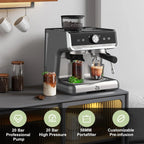 Espresso Coffee Machine with Grinder, 20 Bar Semi-Automatic Espresso Maker with Milk Frother Steamer Wand for Cappuccino, Latte, Macchiato, 2.8 L Water Tank, PID Temperature Control, Silver