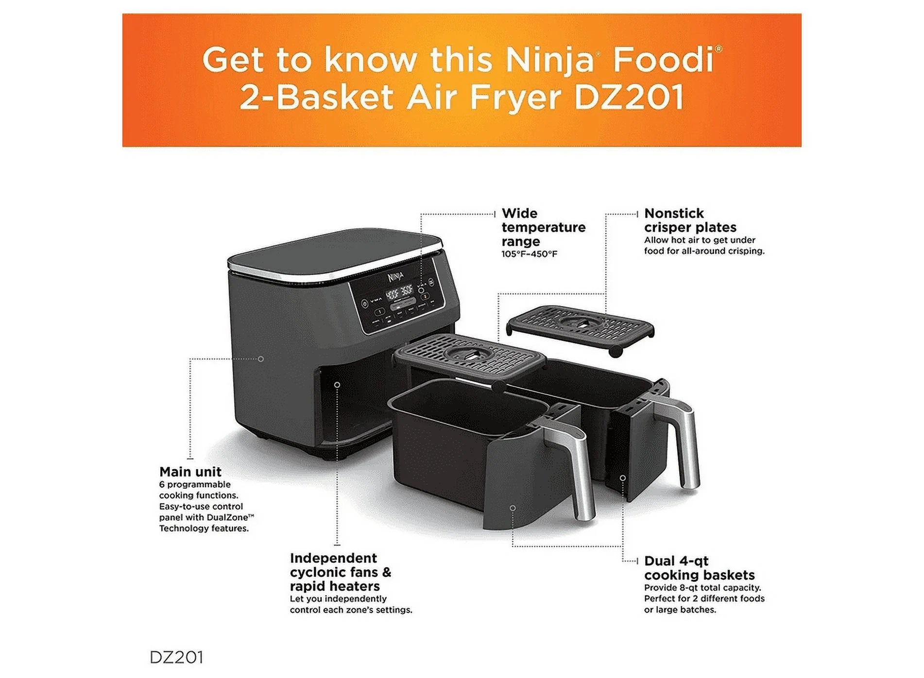 Restored Ninja Foody DZ201 6-in-1 8-qt. 2-Basket Air Fryer with Dual Zone Technology (Refurbished)