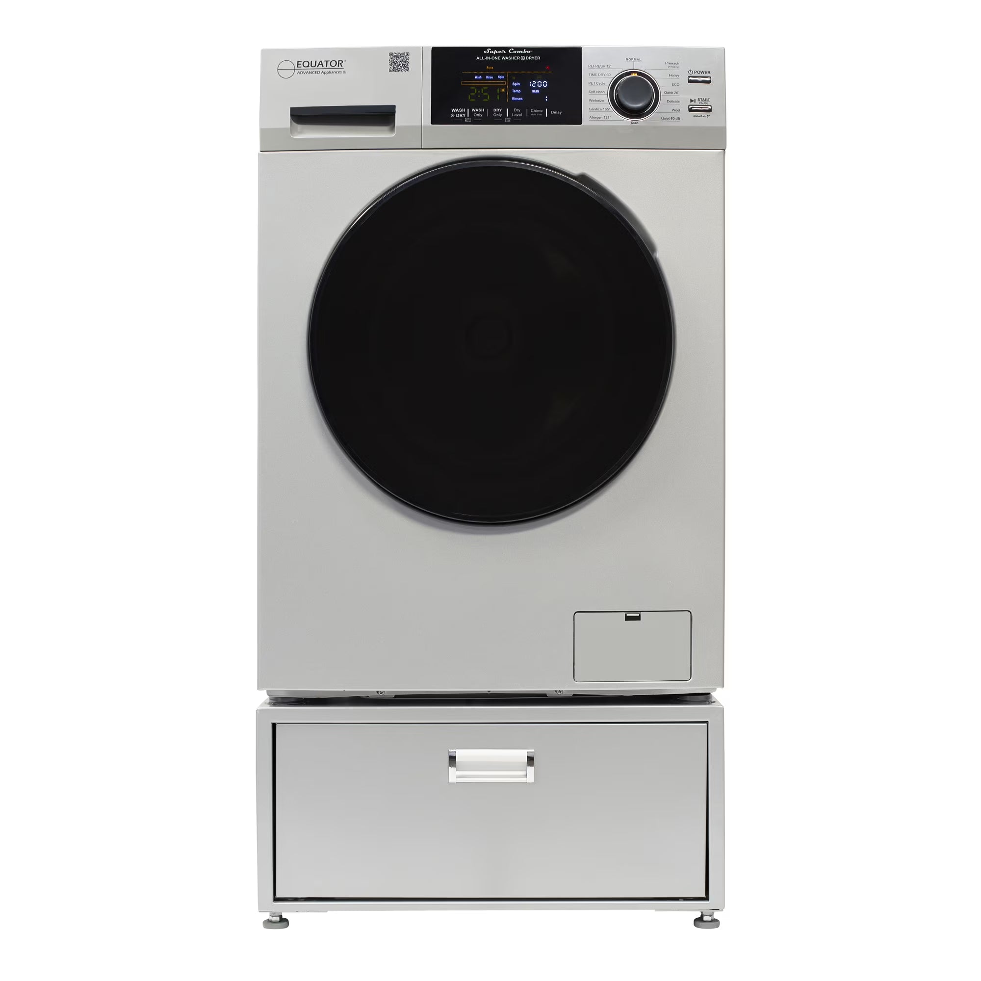 Equator All-in-One Washer Dryer VENTED-DRY 30% FASTER than Condense 15lb 110V with pedestal, Adjustable legs and Sanitize Cycle