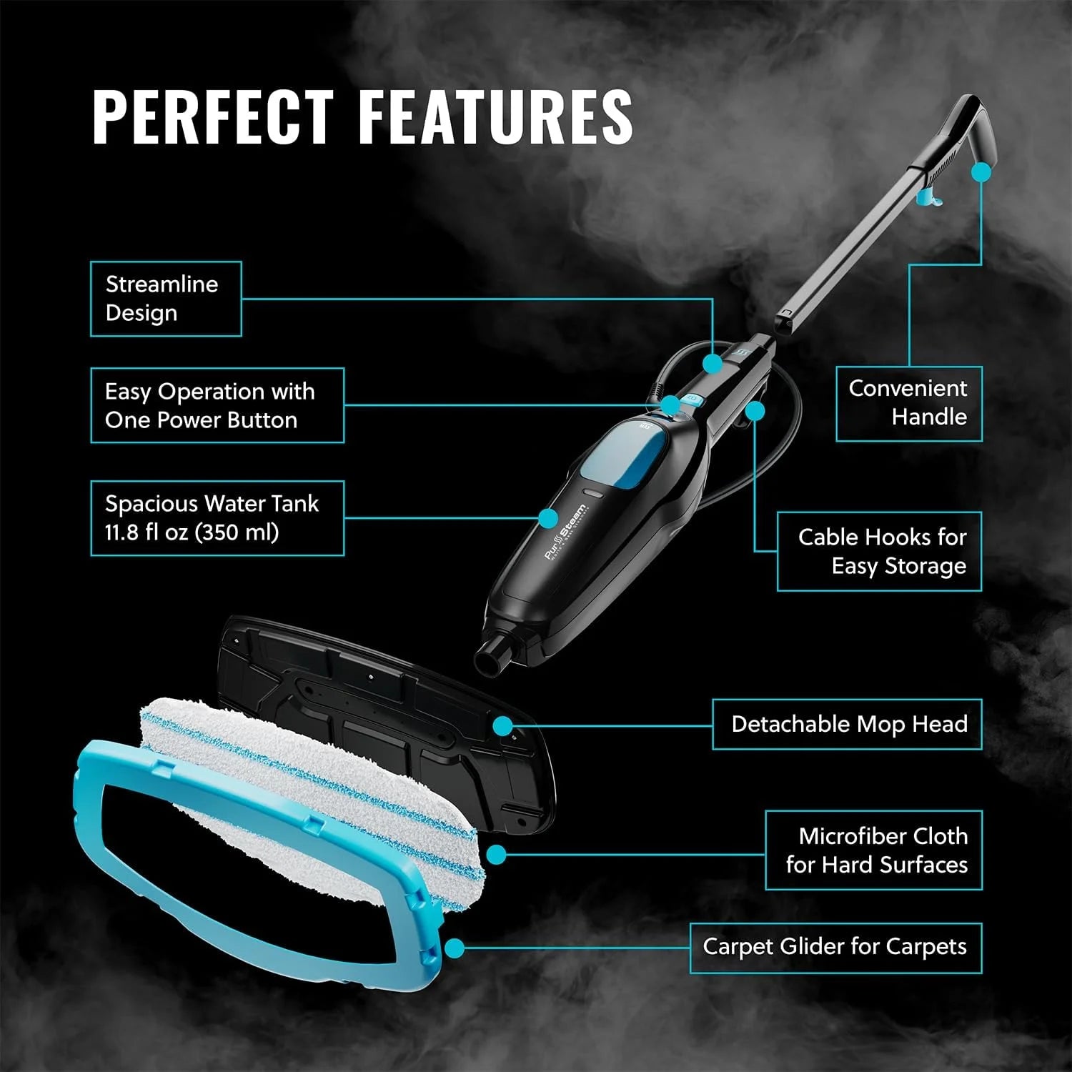 Pursteam ScrubMaster Steam Mop with Dual Scrubbing Head, LED Headlights, Adjustable Steam Control, Anti-Slip Swivel Head, Cable Holder & Upright Lock