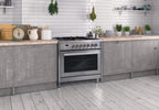 Cosmo 4 Piece Kitchen Appliance Package with 36" Freestanding Dual Fuel Range 36" Island Range Hood 24" Built-in Integrated Dishwasher & French Door Refrigerator Kitchen Appliance Bundles