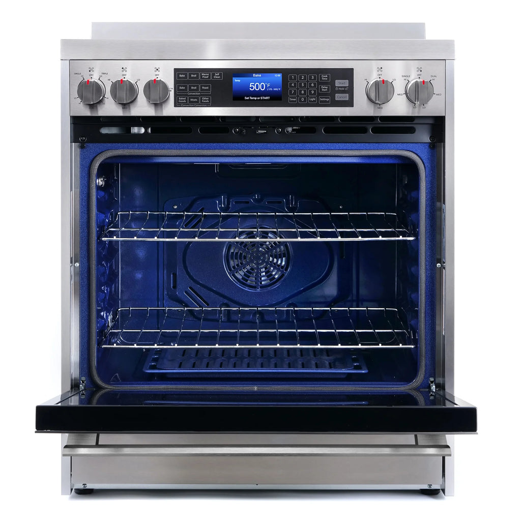 Cosmo 5 Piece Kitchen Appliance Packages with 30" Freestanding Electric Range 30" Island Range Hood 24" Built-in Fully Integrated Dishwasher French Door Refrigerator & 48 Bottle Wine Refrigerator