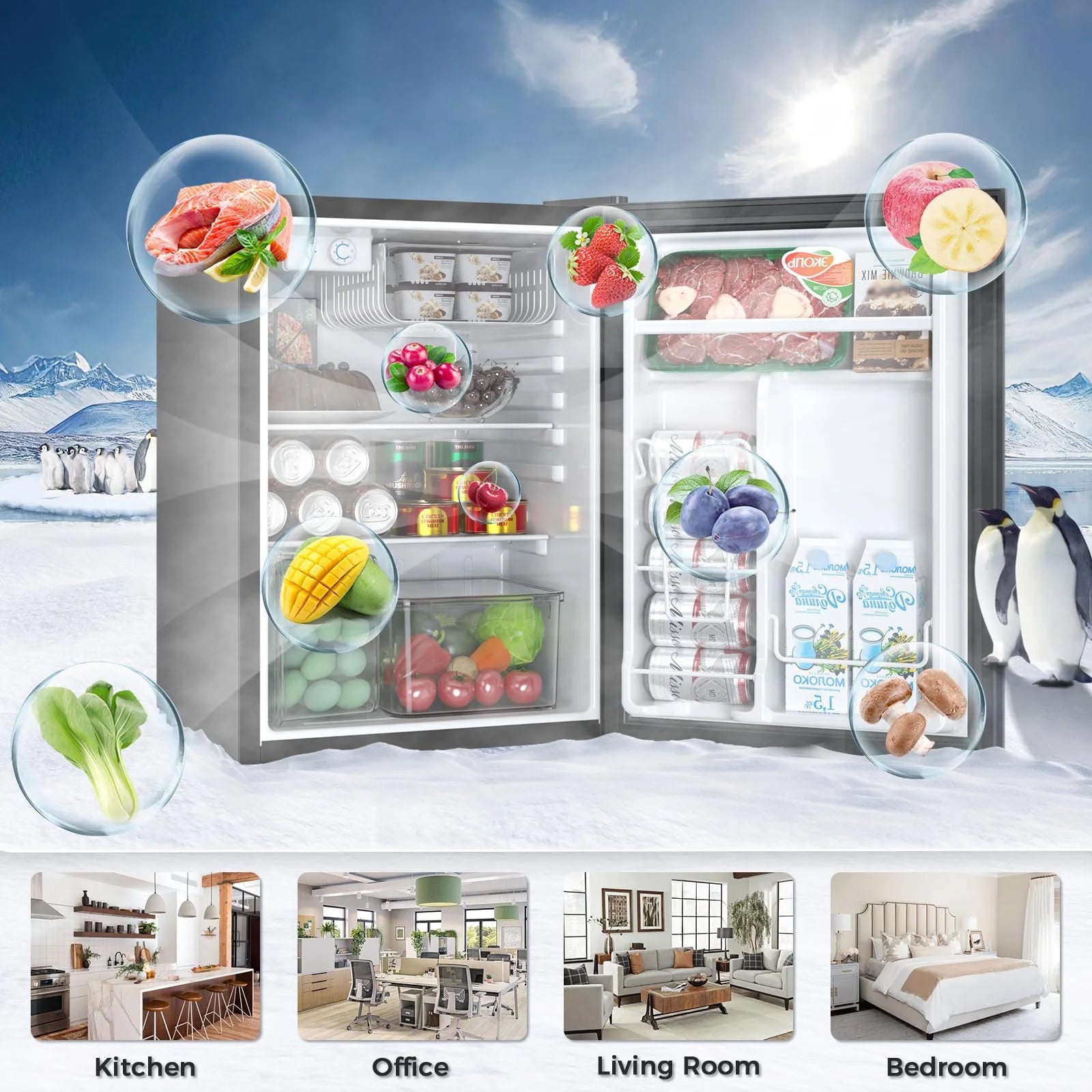 FREE VILLAGE 2.56 Cu.Ft. Mini Fridge with Freezer, Small Refrigerators with Adjustable Thermostat, Low Noise, Energy Saving, Compact Refrigerators for College Dorm, Office, Bedroom, Apartment, Black