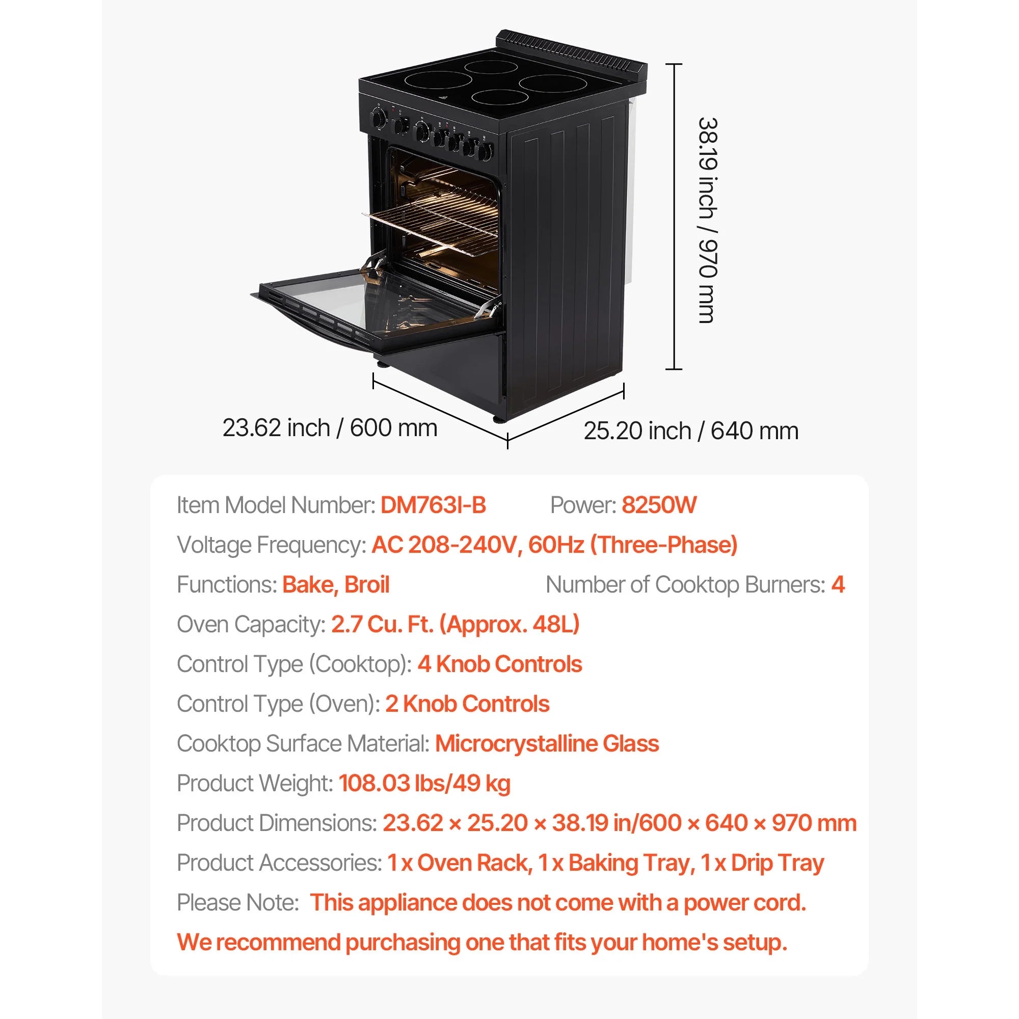 KFFKFF 24-inch Electric Range Oven, 2.7 Cu. Ft. Compact Freestanding Design, Stainless Steel Finish, Features 4 Burners, Adjustable Racks, Storage Drawer, Drip Pan, and Indicator Light, Black