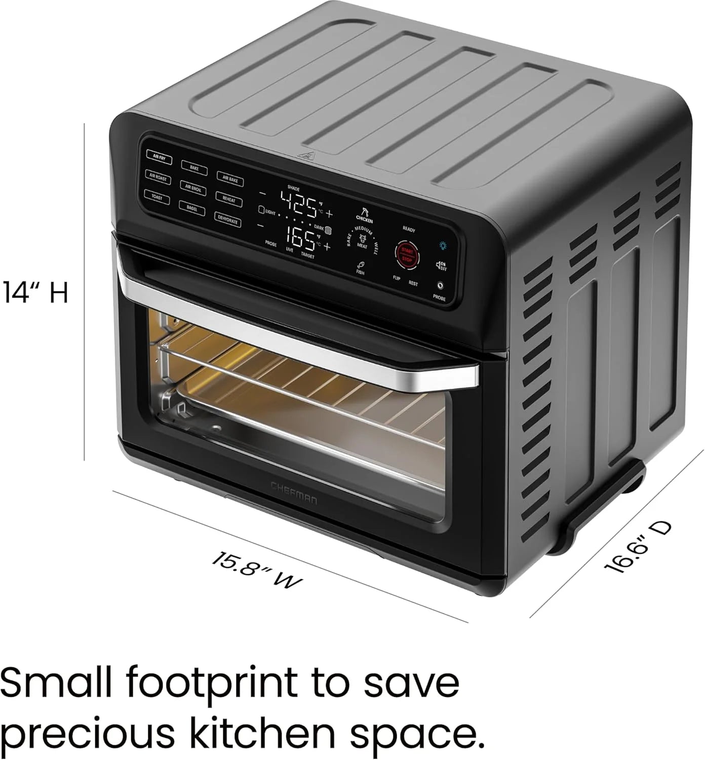 Chefman 12-in-1 Air Fryer Oven Combo w/ Probe Thermometer, 20 Qt Capacity - Black Stainless Steel, New
