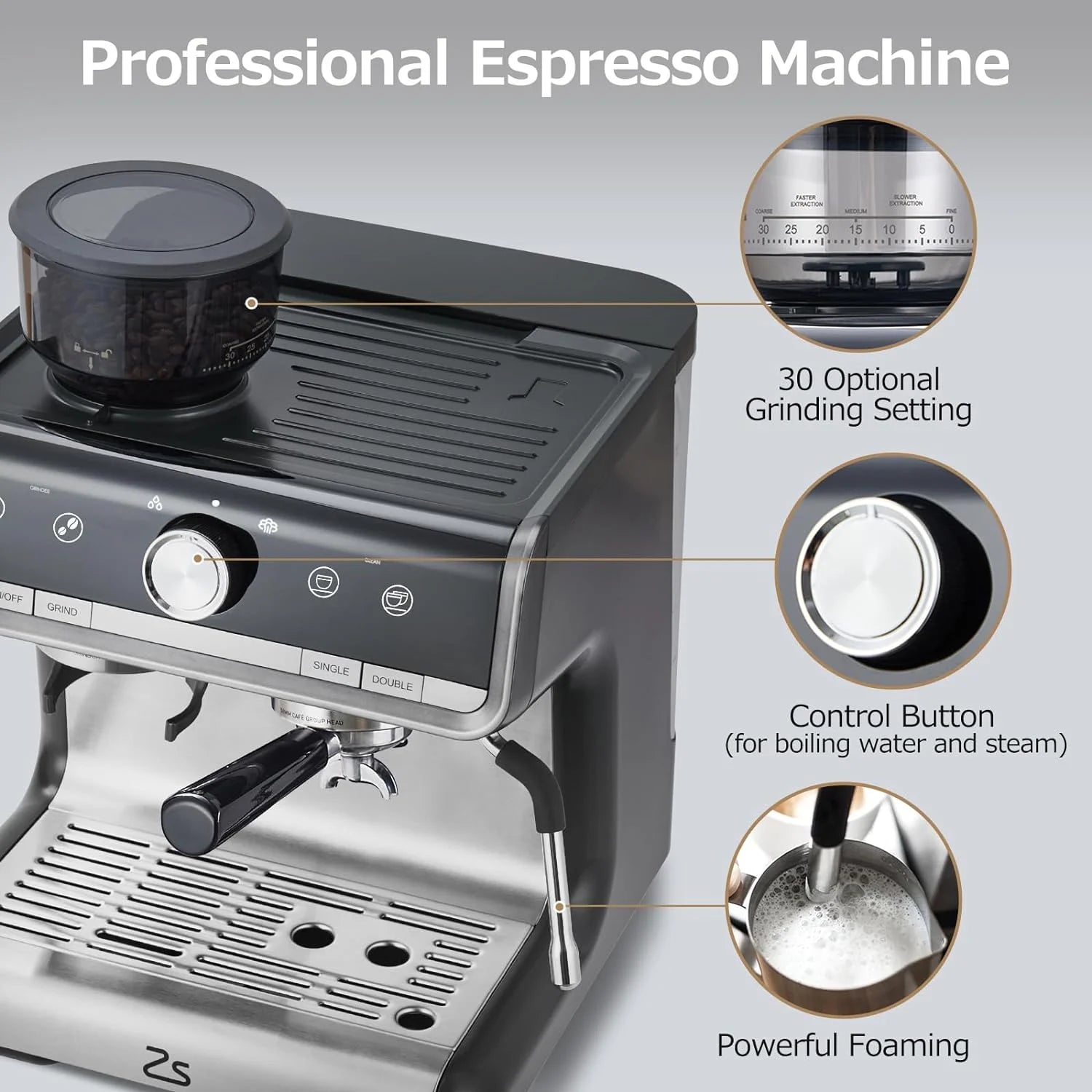 COZONY Espresso Machine 15 Bar, 2.5 L Water Tank, Semi Automatic Coffee Maker with Grinder, Milk Frother/Steam Wand, Italian Pump, All-in-One Espresso Machine, Stainless Steel, Silver
