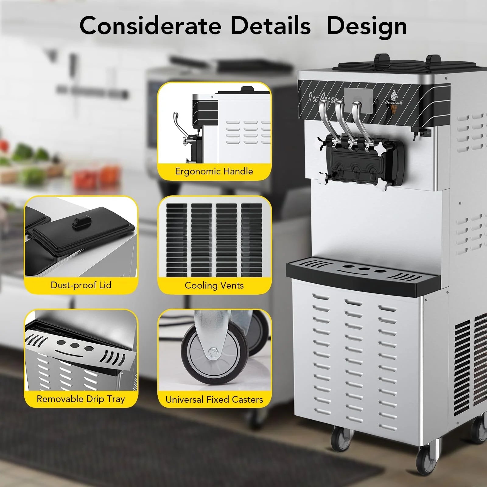 Entcook 3 Flavors Commercial Ice Cream Maker, 5.8-8 Gal/H Countertop Soft Serve Ice Cream Yogurt Machine with LCD Display