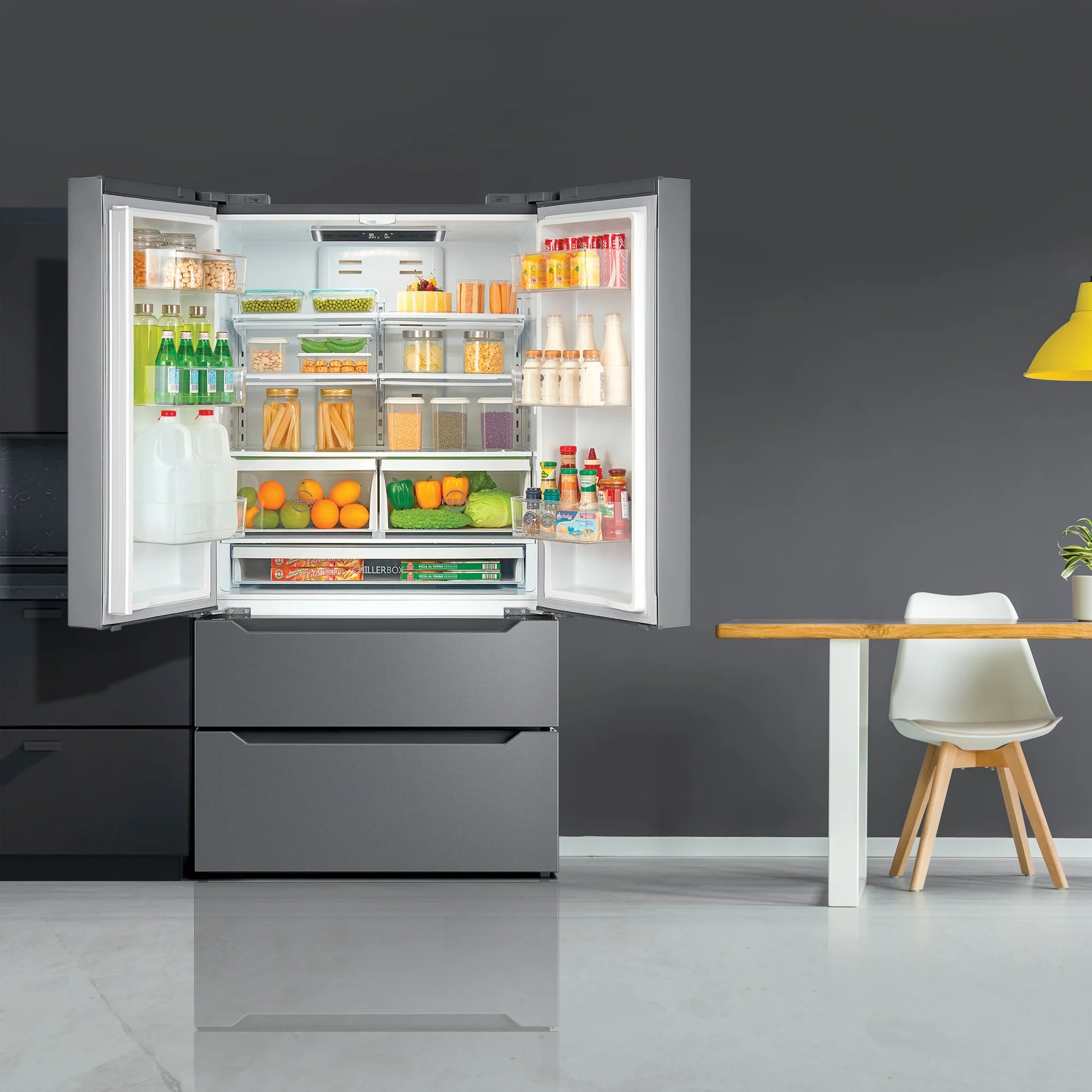 Cosmo 5 Piece Kitchen Appliance Packages with 30" Freestanding Electric Range 30" Island Range Hood 24" Built-in Fully Integrated Dishwasher French Door Refrigerator & 48 Bottle Wine Refrigerator