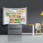 Cosmo 4 Piece Kitchen Appliance Packages with 36" Freestanding 220/240V Dual Fuel Range 36" Under Cabinet Mount Range Hood 24" Built-in Dishwasher & French Door Refrigerator Kitchen Appliance Bundles