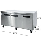 72 in. Commercial Undercounter Freezer 19 Cu.Ft. Stainless Steel Three-Door Commercial Freezer Heavy Duty
