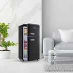 DEMULLER Mini Fridge with Freezer Compact Retro Refrigerator Dual Door Black-YX-100 19 inches Wide