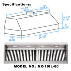 Akicon 48 Inch Range Hood Insert, Stainless Steel 8" Ducted Insert/Built-in Kitchen Vent Hood with 1200 CFM Suction, Dimmable LED Lights and Dishwasher Safe Filters, 4 Speed-Cool White