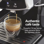 Hamilton Beach 15-Bar, 2 Cup Espresso Machine, Slide & Lock Espresso Maker with Milk Frother, Black & Chrome