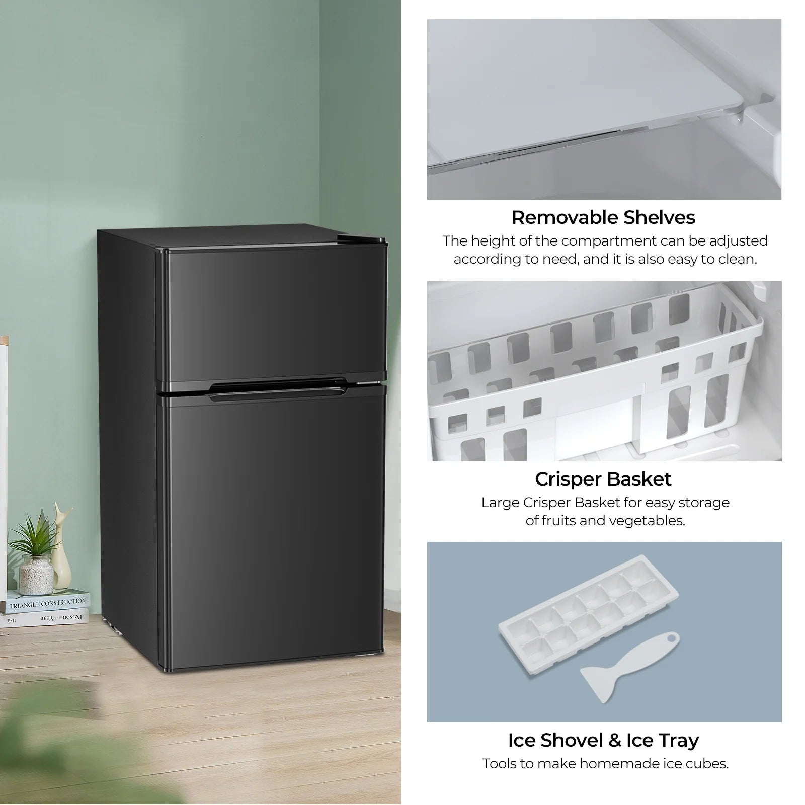WAA Compact Refrigerator,3.2 Cu.Ft. Mini Separate Freezer Double 2-Door,Adjustable Removable Shelves for Basement, Apartment, Dorm, Office, Black
