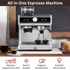 COZONY Espresso Machine 15 Bar, 2.5 L Water Tank, Semi Automatic Coffee Maker with Grinder, Milk Frother/Steam Wand, Italian Pump, All-in-One Espresso Machine, Stainless Steel, Silver