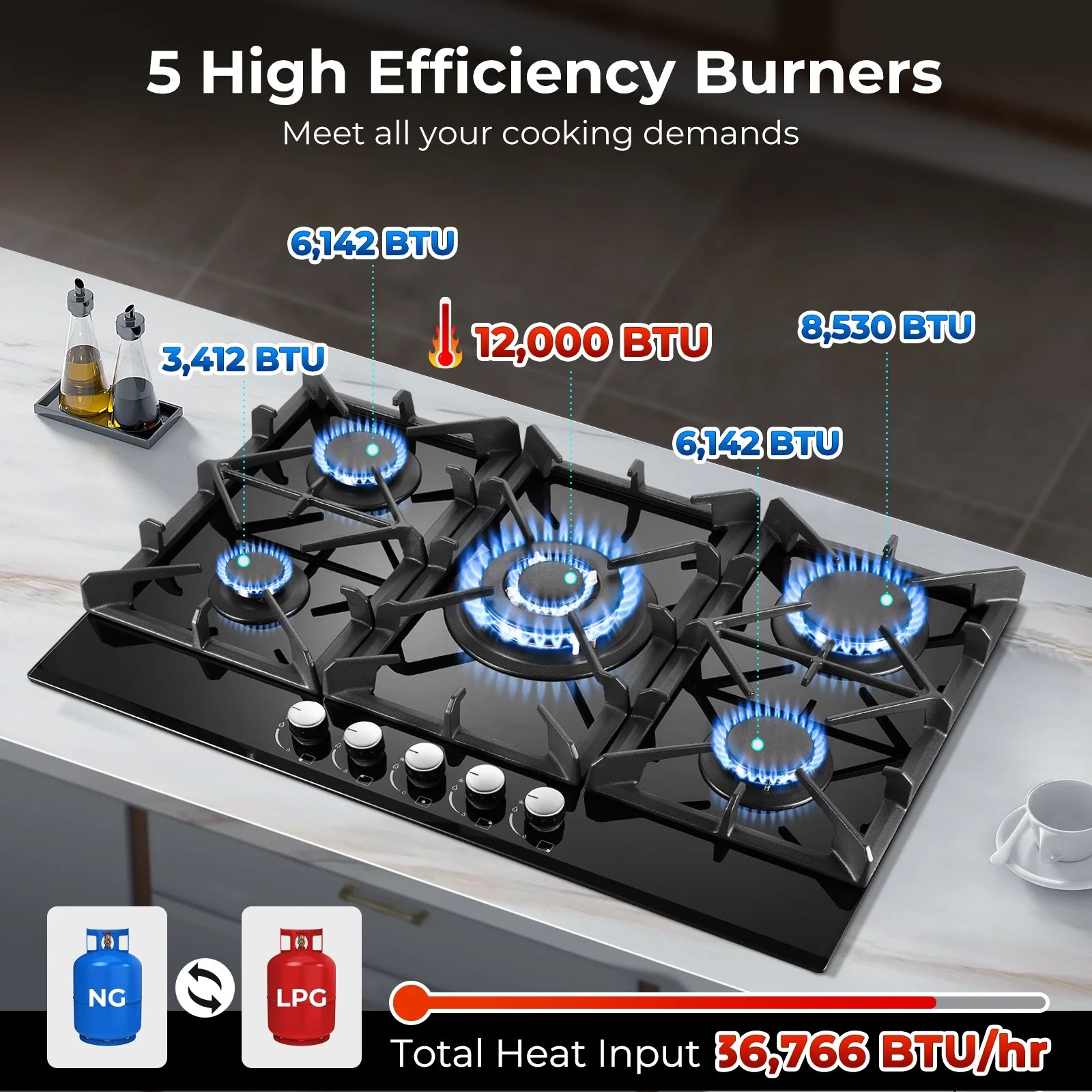 Amzgachfktch Gas Cooktop 30 Inch 5 Burners Stove Top Built-in NG/LPG Convertible with Thermocouple Protection