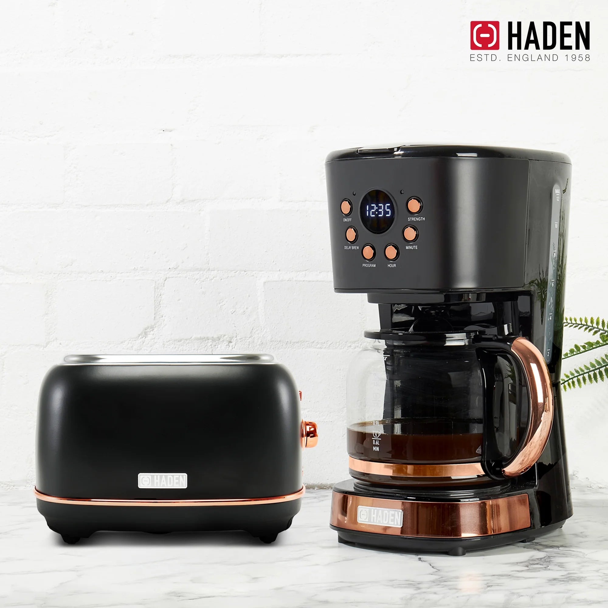 Haden Heritage 2 Slice Wide Slot Toaster & Coffee Maker, Black & Copper