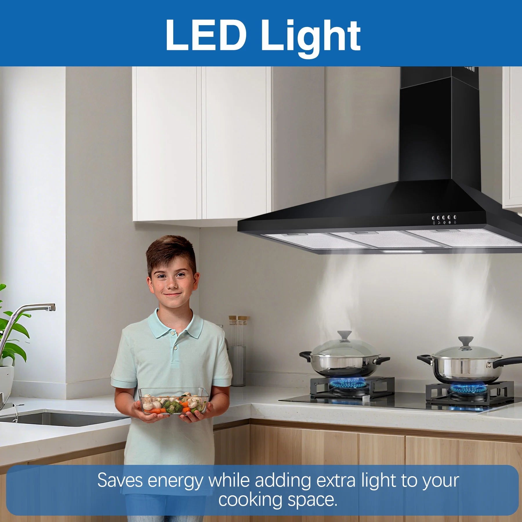 36-inch Wall Mount Range Hood 450CFM 3-Speed, Stainless Steel with LED Light, Adjustable Chimney 15.7-30.7in, Ducted/Ductless Ready, Quiet Under 55dB, 5-Layer Filters