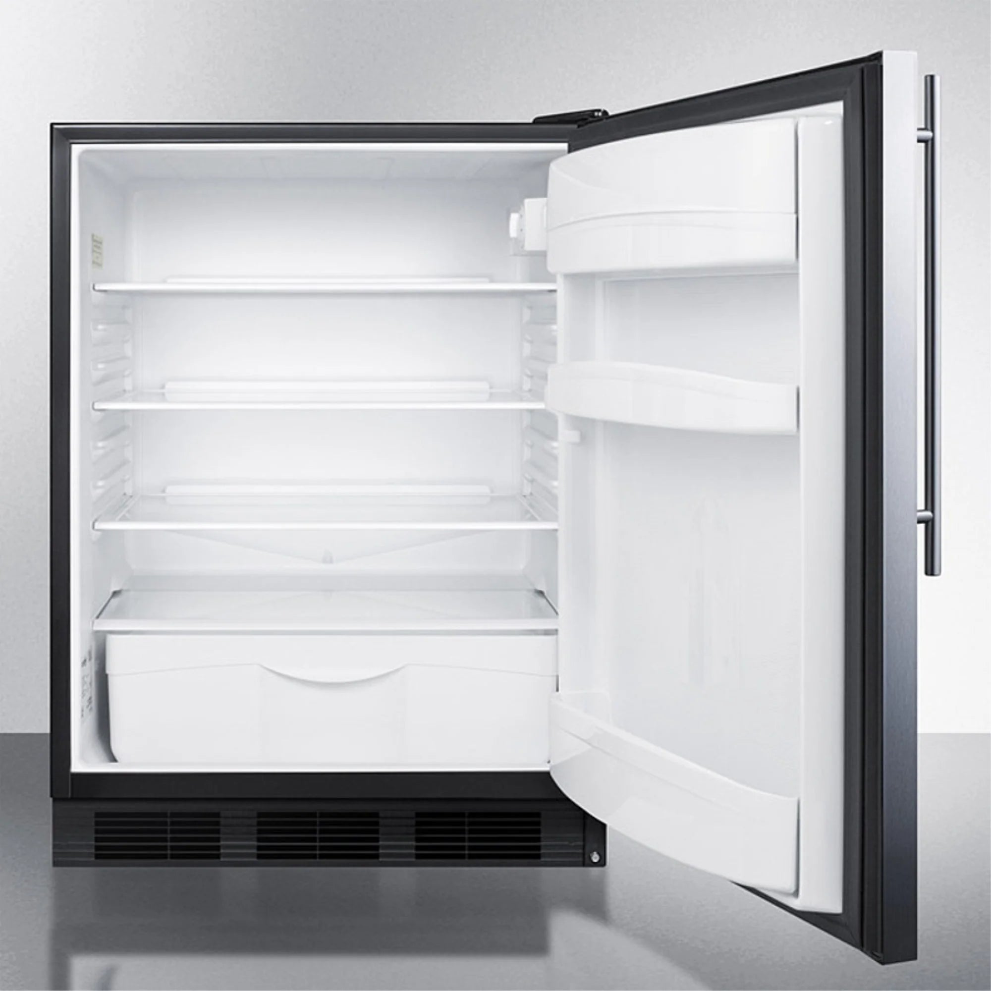 ADA compliant all-refrigerator for built-in general purpose use, auto defrost w/stainless steel wrapped door, thin handle, and black cabinet