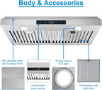 Range Hood 30 Inch Under Cabinet,Ductless Range Hoods with Touch Control,3-Venting Kitchen hood,Stainless Steel Vent Hood,Under Cabinet Range Hood 30 inch,Hood Vents for Kitchen 3 Speeds