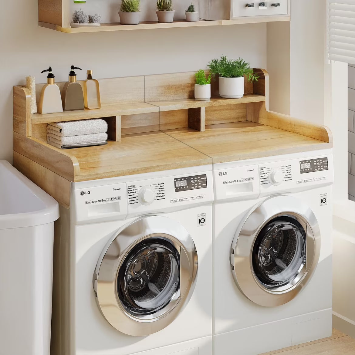 Modern Washer Dryer Countertop with 2-Tier Shelf,Laundry Room Countertop Organization Storage with 2.75" H Guard Edge Rails,Non-Slip Pad,Waterproof and Easy to Clean,54"W x 27.55"D,Natural Wood