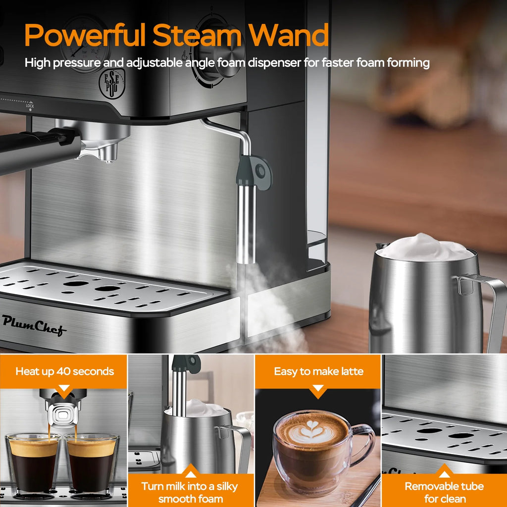 Plum Chef Espresso Machine, 20 Bar Coffee Maker with Foaming Milk Frother Wand, Espresso & Cappuccino Latte Maker Coffee Machine, 850W, 1.6L Removable Water Tank, Black&Silver