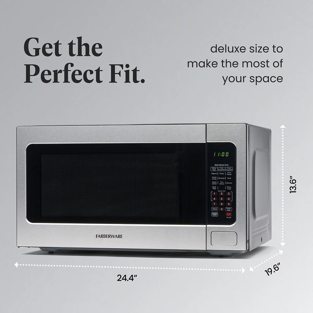 Farberware Countertop Microwave Ov 1100 Watts, 2.2 cu ft - Smart Sensor With LED Lighting and Child Lock - Perfect for Apartments and Dorms - Easy Clean Black Interior, Stainless Steel